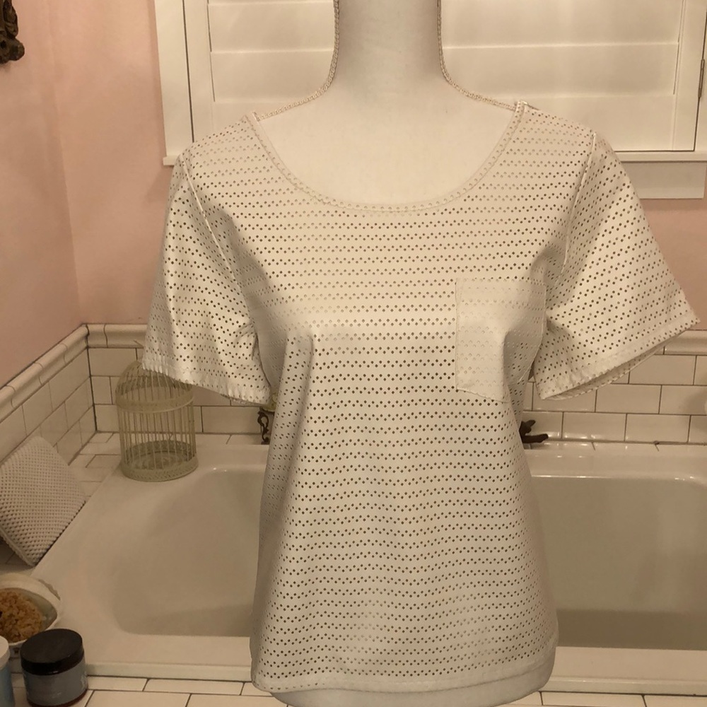 Jack. White laser cut out leather short sleeve top, size Large